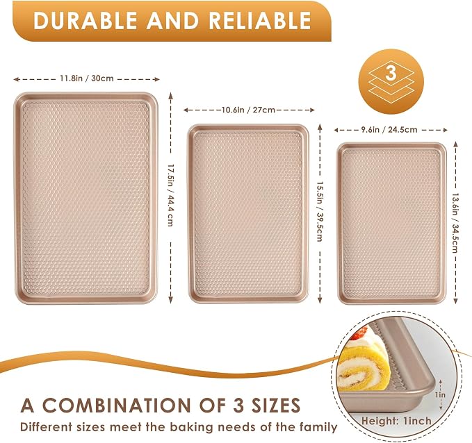 Baking Sheet Pan Set of 3, Nonstick Carbon Steel Cookie Sheets with Texture | Commercial Half/Quarter/Jelly Roll Pans Replacement Toaster Oven Tray, Heavy Duty & Easy Clean, Rose Gold