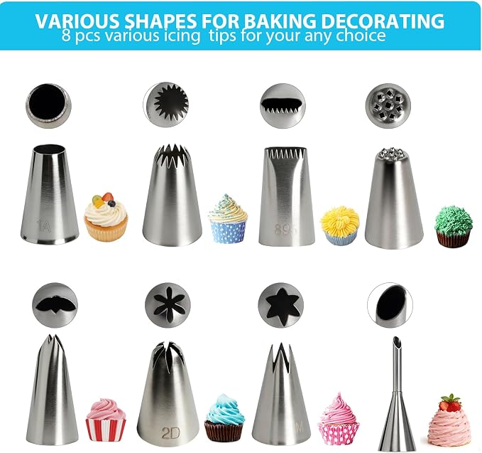 Reusable Cotton Piping Bags and Tips Set -Two 16inch Pastry Bags with 8pcs Large Stainless Icing Tips for Cake Decorating, Cupcakes, Cookies. Baking Kit for Home Bakers & Chefs