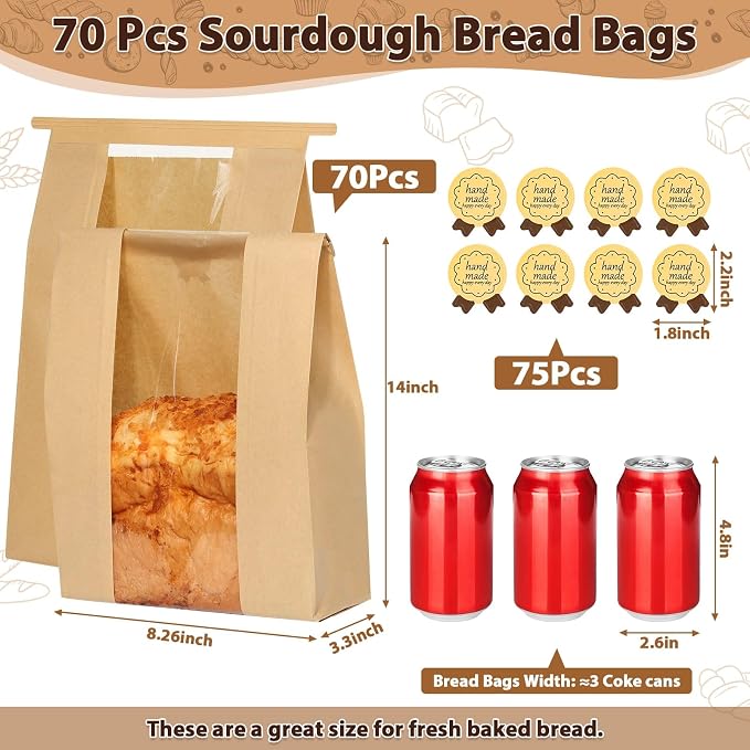 Sublaga Bread Bags with Tin Tie Tab Lock, 70 Pack Large Kraft Paper Sour Dough Bag for Homemade Bread Sourdough Bags 14" x 8.3" x 3.5" for Treat Packaging Storage Gift Giving with 75 Pcs Seal Sticker