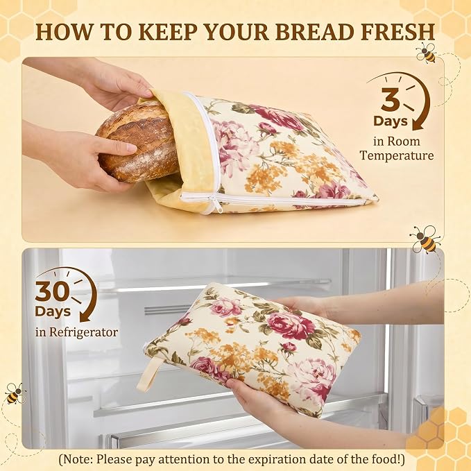 2 Pack XL Beeswax Bread Bags for Sourdough, Organic Beeswax Linen Cotton Bread Storage Bags with Bowl Cover & Cleaning Sponge Set, Fresh Bread Freezer Bags with Sealing Zip for Homesteading (F)