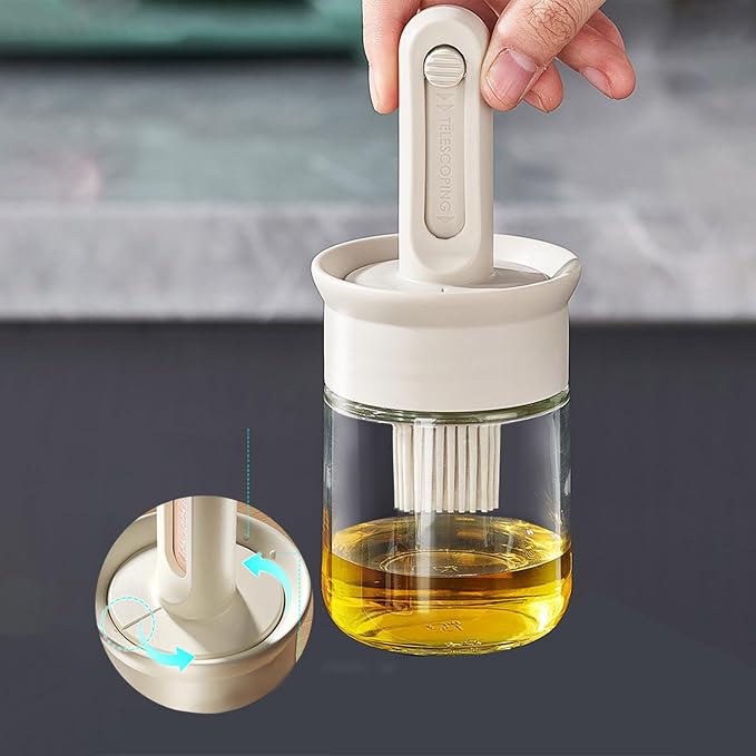 Oil Dispenser Bottle with Brush - Glass Oil Dispenser for Kitchen with Silicone Heat Brush - Cooking Brush for Oil and Cooking BBQ Grill Frying Kitchen (A, 16x6.7cm)