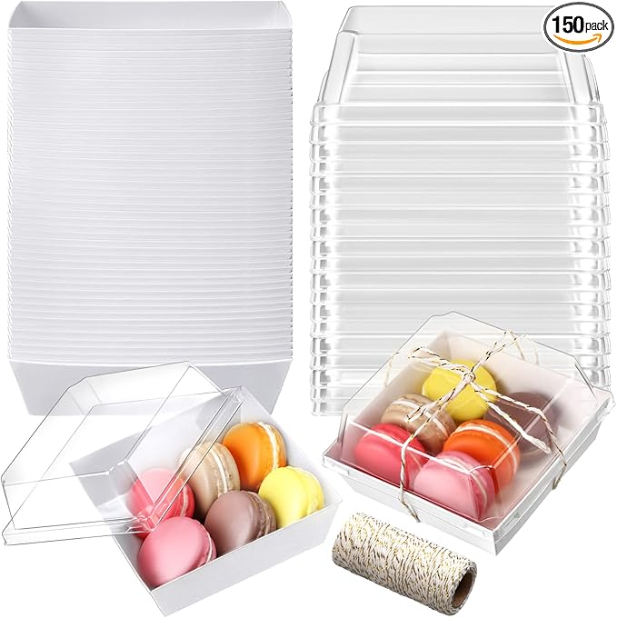 Jetec 150 Pack Charcuterie Boxes with Clear Lids and Rope 4 Inches Cake Disposable Square Dessert Food Box Containers with Lids for Bakery Macaron Cookies Strawberries Fruits Display (White)
