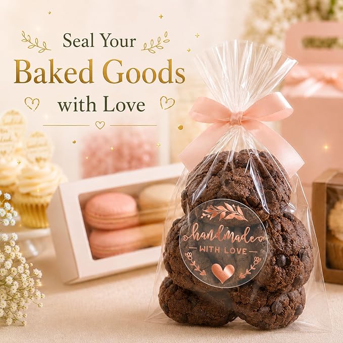 100PCS Handmade with Love Stickers, Transparent Rose Gold Foil Labels for Boutique Small Business Packaging, Elegant Gift Wrapping Seals for Candle Bakery Soap Handmade Orders,1.6"