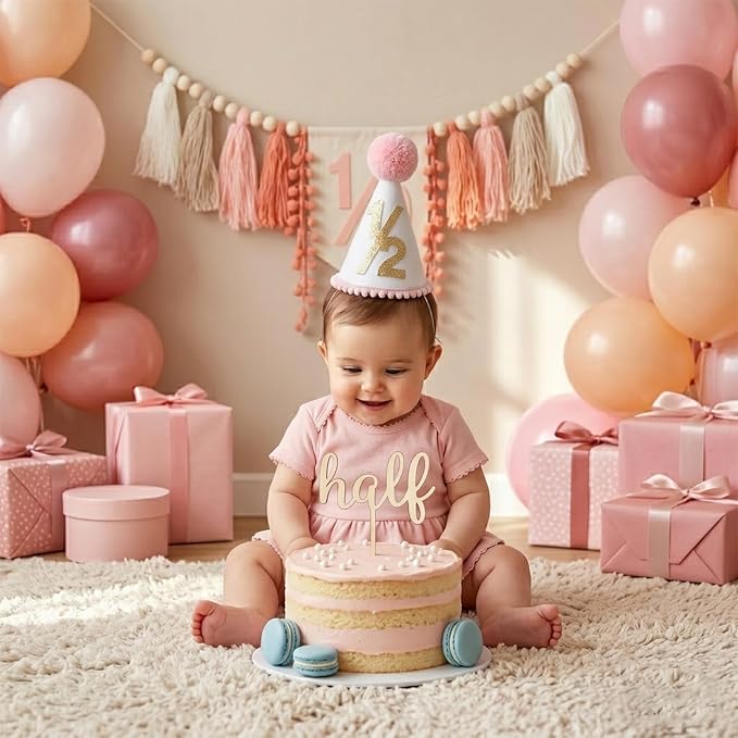 CWK Half Birthday Decorations for Baby, 1/2 Birthday High Chair Banner with Cone Hat & Cake Topper, Half Way to One Party Kit, Photo Props for 6 Month Baby Birthday(Pink)