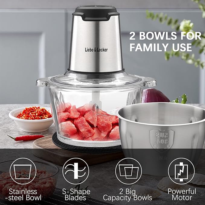 Liebe&Lecker Electric Food Chopper, 350W Food Processor with 2 Bowls | Dual 8-Cup Stainless Steel Meat Grinder, 2-Speed Vegetable Chopper with 4 Sharp Blades for Nuts, Puree Recipes, Zero BPA