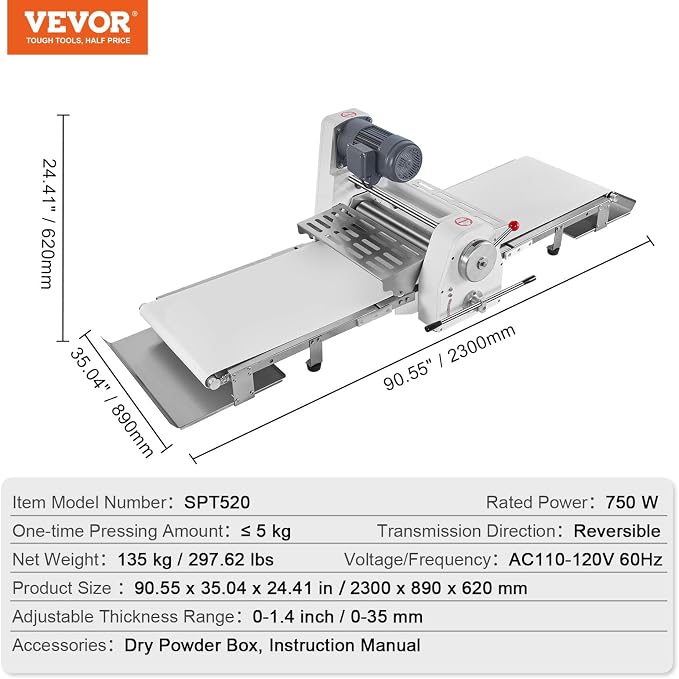 VEVOR Commercial Dough Sheeter Machine, 19.7-Inch Reversible Puff Pastry Sheeter and Fondant Roller, Electric Dough Roller 0-1.4" Adjustable Thickness, Folding Dough Sheeter for Bakeries, Pastries