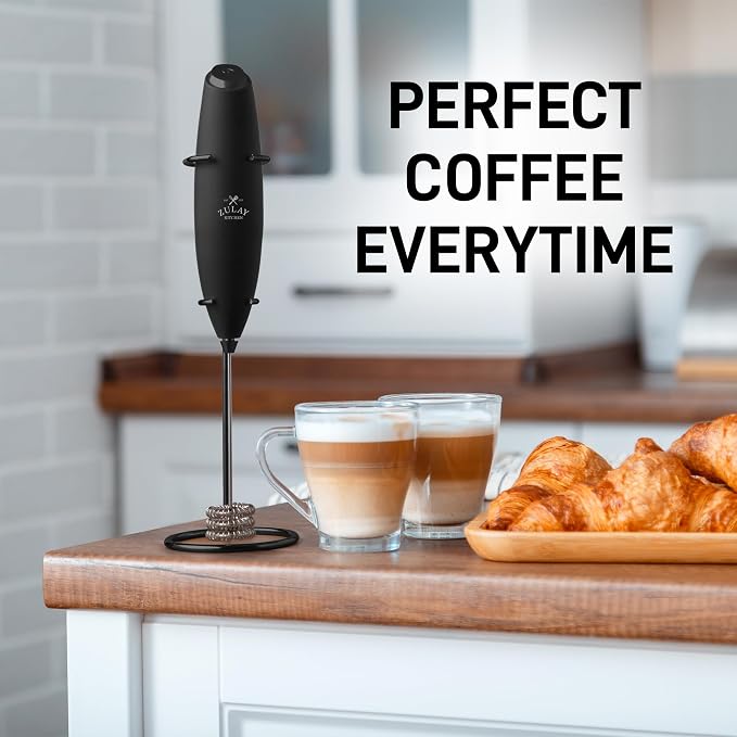 Zulay Kitchen Powerful Milk Frother Wand With Duracell Batteries - Ultra Fast Handheld Drink Mixer - Electric Whisk Foam Maker for Coffee, Lattes, Cappuccino & Matcha - Triple Whisk - Midnight Elite