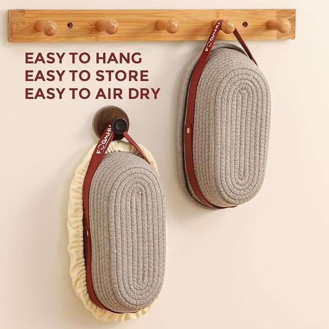 2-Pack Banneton Bread Proofing Baskets – Sourdough Starter Kit for Home Bakers, Cotton Rope Bannetons with Liners, Hanging Hooks, Dough Guide (10" Oval)