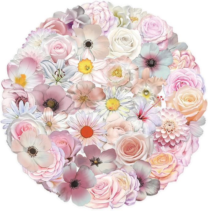50Pcs Pink Flower Stickers for Laptop Water Bottle, Daisy and Rose Decals Self-Adhesive Scrapbooking Stickers Supplies Journal Stocking Stuffers for Adult Card Making Letters DIY (Colourful-B2)