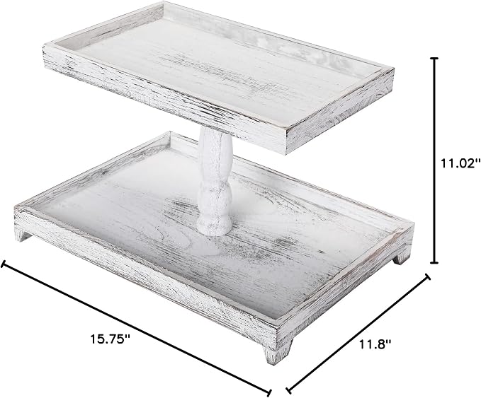Yalikop Farmhouse Tiered Tray Stand - Wooden Rustic 2 Tier Rectangular Tray Serving Stand for House Kitchen Cake(White)