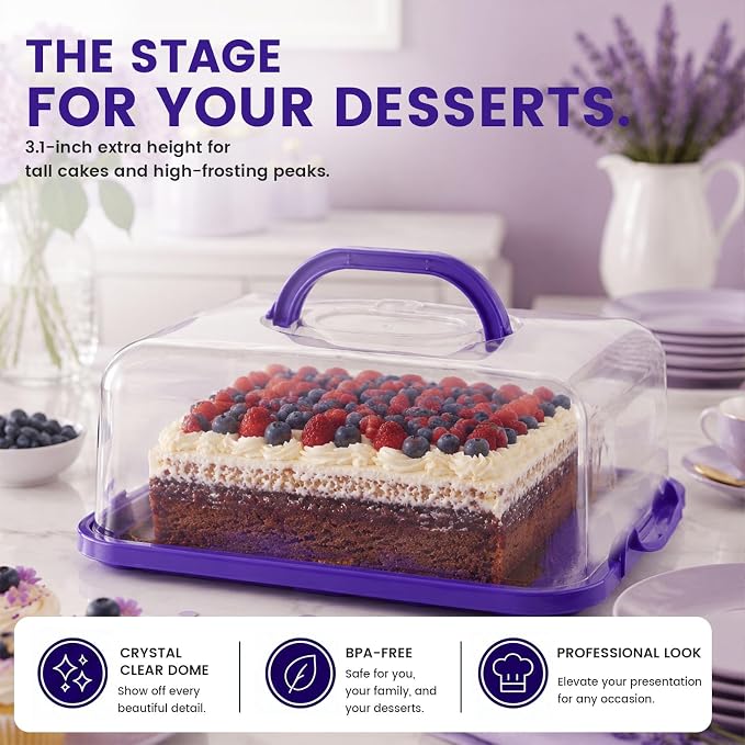 VGOODALL Cupcake Carrier, Rectangle Cake Plate with Lid, 12 Capacity Cup Cake Portable Container Dessert Holder with Handle for Family Picnics and Party Events, 2-in-1 Design, Purple