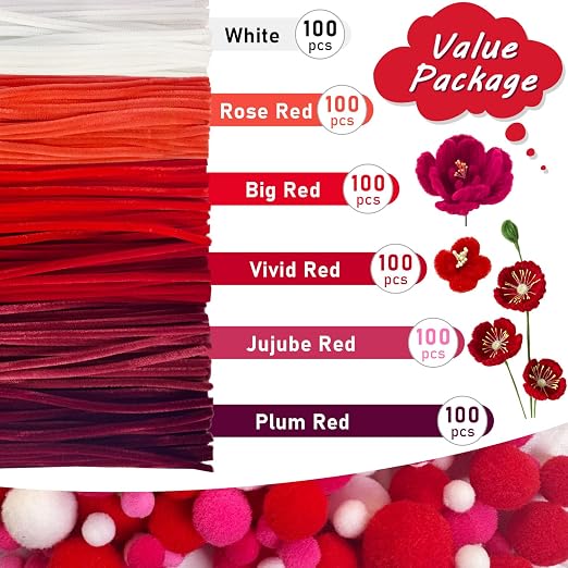 600pcs Red Pipe Cleaners Bulk and 300pcs Pompoms - Fluffy Fuzzy Wire, Pastel Pom Poms Chenille Stems for Arts & Crafts, Ideal for Making Flowers Animal Thanksgiving Christmas Party Supplies