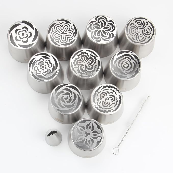 12-Piece Extra-Large Russian Flower Piping Tip Set, Stainless Steel Rose and Tulip Piping Tips for Cake Decoration, Including 10 Extra-Large Flower Tips, 1 Leaf Tip, and 1 Brush