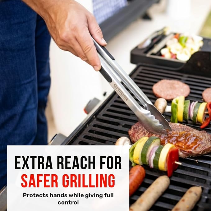Grillbot Grill Metal Tongs for Cooking, Heavy-Duty Kitchen Tongs Stainless Steel with Long Handles & Locking Grip, Dishwasher Safe
