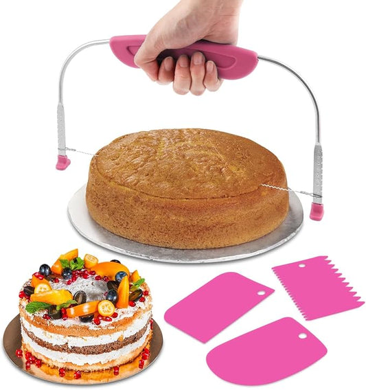Adjustable Cake Leveler Cutter With 3PCS Cake Scrapers Set,Baking Supplies Tool for Kitchen,Large Size Cake-Cutter Slicer for Leveling,Single Stainless Steel Wire & Plastic Handle(COLOR:Rose Red)