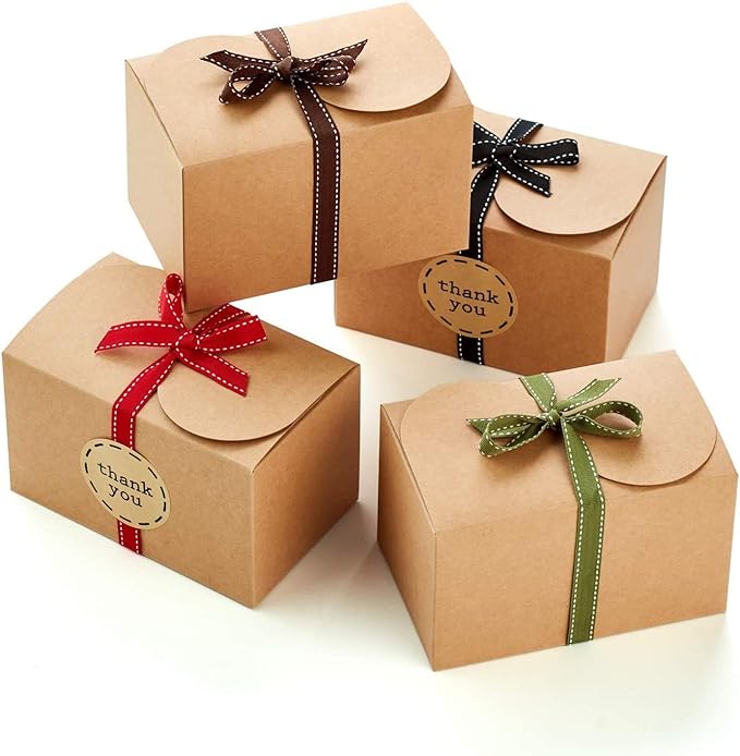 Brown Kraft Cookie Boxes with Ribbons & Stickers (20 Pack) 6.5” x 4” Small Cardboard Gift Boxes for Gift Giving, Baked Goods, Candy, Christmas, Decorative Food Packaging, Bakery Treats, Empty, Bulk