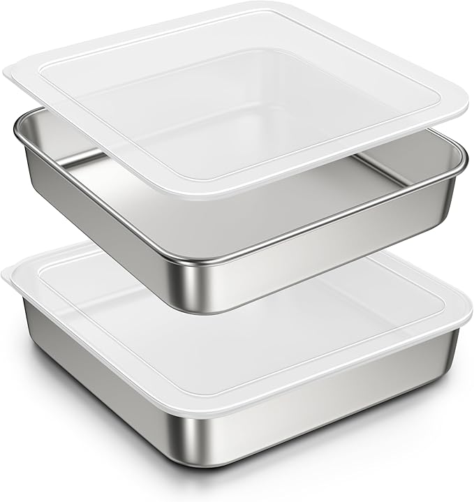 8 x 8-Inch Baking Pan with lid, 304 Stainless Steel Square Cake Pan, Bakeware for Cakes Brownies Casseroles, Thicker Rectangle Sheet Cake Pans, Non-toxic & Heavy Duty & Dishwasher Safe - Set of 2