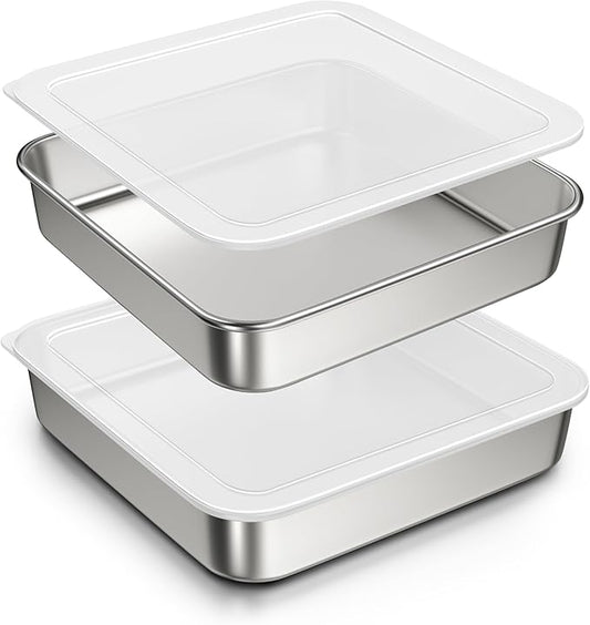 8 x 8-Inch Baking Pan with lid, 304 Stainless Steel Square Cake Pan, Bakeware for Cakes Brownies Casseroles, Thicker Rectangle Sheet Cake Pans, Non-toxic & Heavy Duty & Dishwasher Safe - Set of 2