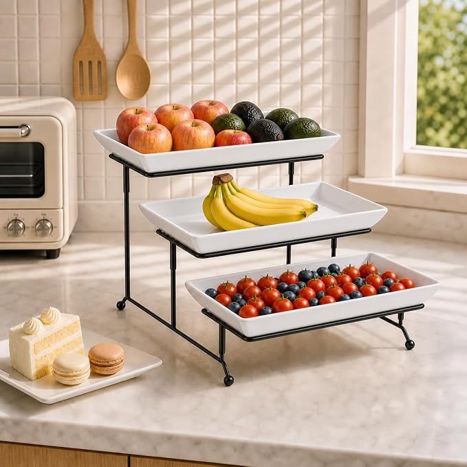 MALACASA 3 Tier Serving Trays for Party, Porcelain Serving Platters and Trays, 12 Inch Tiered Tray Stand, Fruit Tray, Trays for Serving Food, White Dessert Stand with Collapsible Sturdier Metal Rack