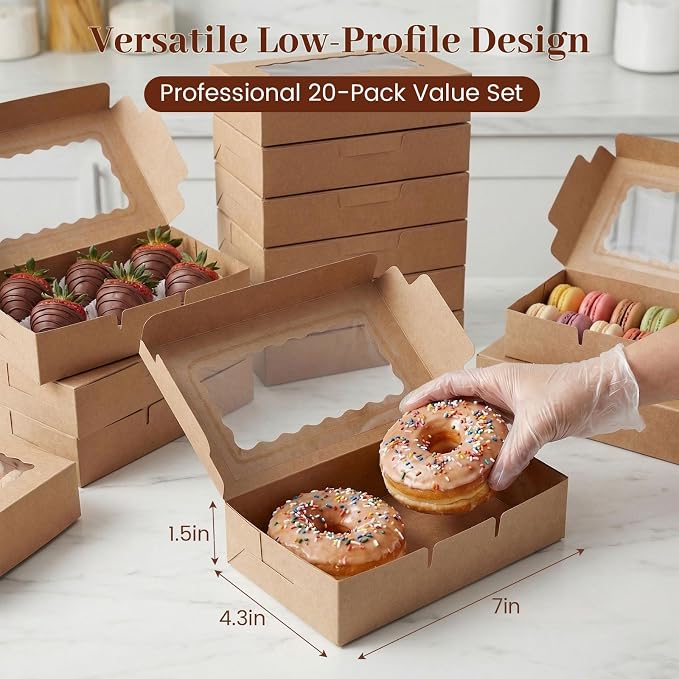 VGOODALL 20PCS Cookie Boxes, 7" x 4.3" x 1.5" Brown Bakery Boxes with Window Cupcake Containers for Pastry Candy Cupcake Strawberry, Party Supplies