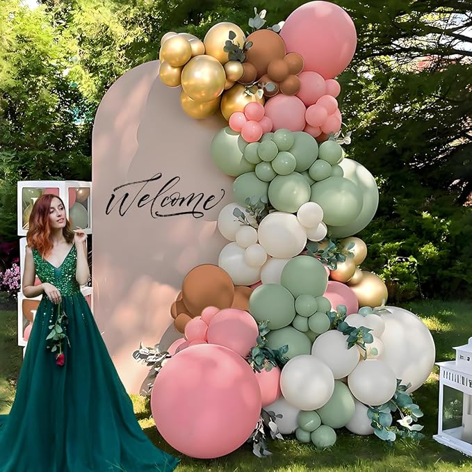 MEBAY Pink Green Brown White Balloon Garland Arch Kit, 166Pcs Blush Pink Pastel Green White Sand Tan Brown Boho Balloons for Baby Shower Birthday Wedding Safari Jungle Woodland Party Decorations
