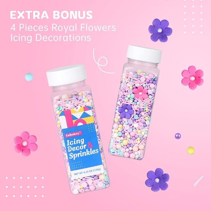 Edible Colorful Sprinkles for Decorating, 10 Pieces 4 Color Flowers Icing Decorations - Pastel Sprinkles for Cookie Decorating, Spring Sprinkles Cupcake Topper, Ice Cream, Candy Chocolate