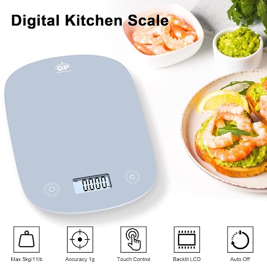 QP Digital Kitchen Food Scales,11 lb/5 kg,Suitable for Coffee and Cooking | 6 Units,1g High Accuracy,Touch Control,Tare Function, Auto Off,Ultra Slim,With Hook,Blue