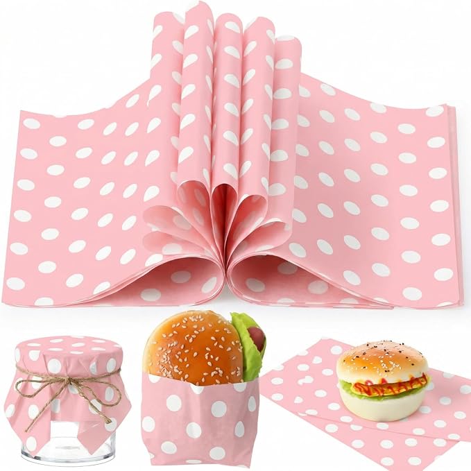 Gersoniel 150pcs Wax Paper Sheet for Food Dot Printed Bakery Tissue Greaseproof Disposable Wrapping Paper for Sandwich Food Picnic Baskets Liner Wedding Birthday Party Supplies(Pink,9.84x8.27'')