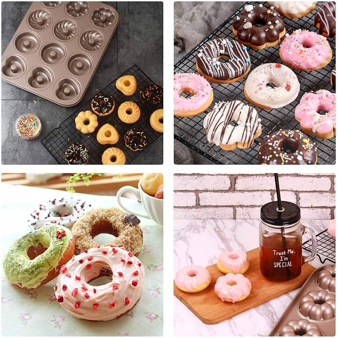Beasea Donut Baking Pans, 1 Pack Nonstick Small Mini Doughnut Pans 12 Cavity Carbon Steel Bagel Oven Baking Tray Sheet