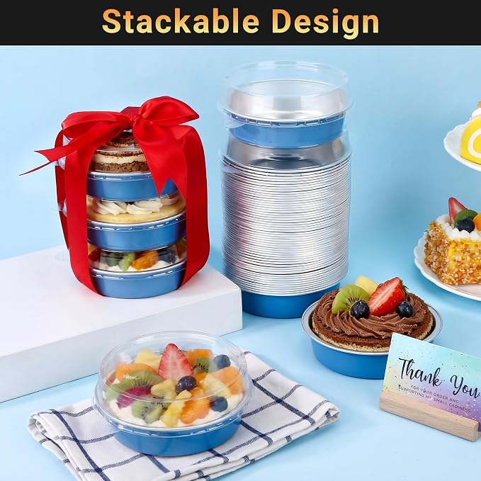 Beasea Aluminum Cupcake Pans With Lids, 100 Pack 7.3oz Disposable Pie Pans For Cake, 4 Inch Aluminum Pie Tart Baking Cups Tins Round Oven Mini Cake Pan For Tart Quiche Dessert - Moon Blue