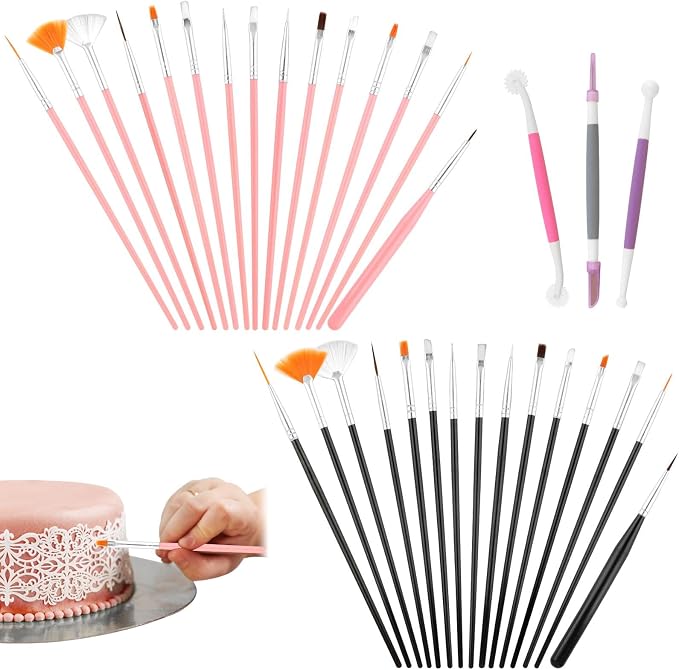30Pcs Cake Decorating Brushes,Food Safe Cookie Paint Brushes Kit,with 3pcs Cake Carving Tools,Multi Function Fondant Cookie Icing Pastry Brush,DIY Painting Tool for Baking Craft