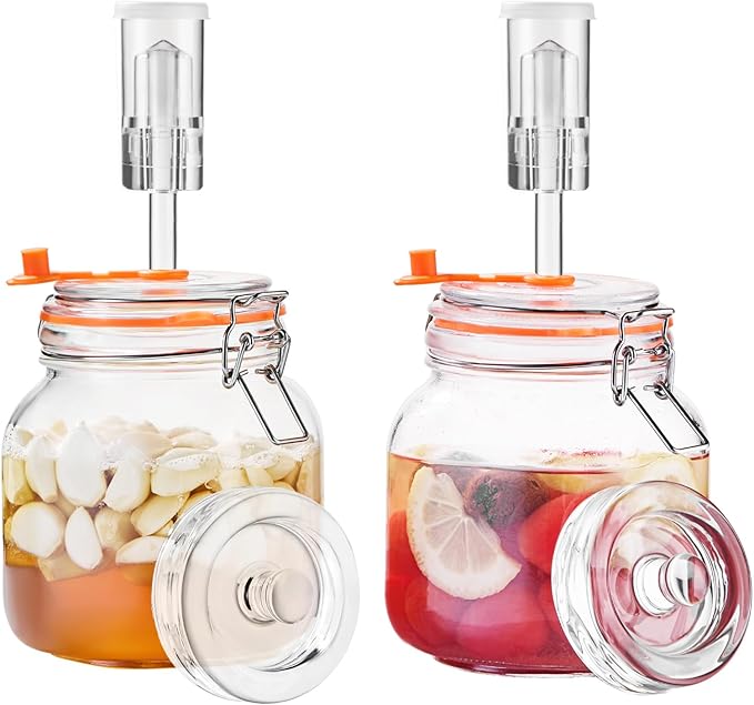Jillmo 1 Liter Fermentation Jar, Square Glass Fermenting Kit with Weights for Making Sauerkraut, Kimchi, Pickles & More, Pack of 2