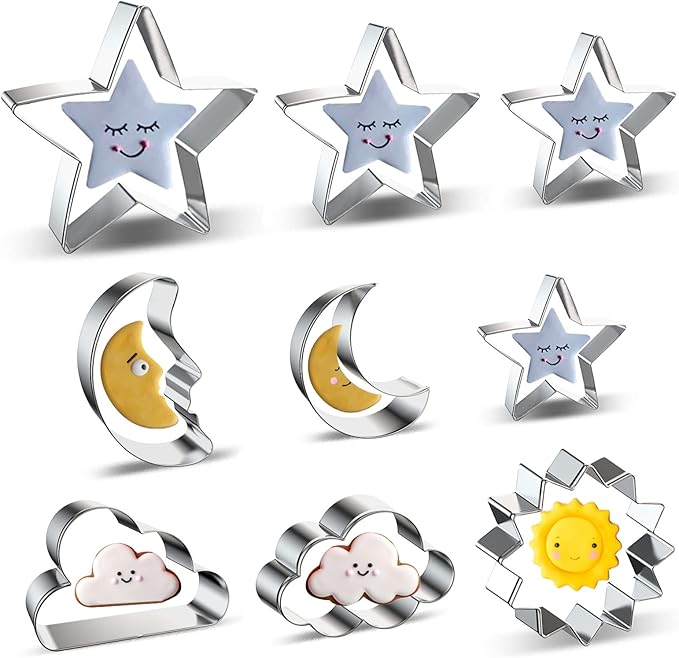 Star, Moon, Cloud and Sun Cookie Cutters 9 Piece Set - Twinkle Twinkle Little Star Celestial Night Sky Cookie Cutter Biscuit Mold for Kids Baby Shower Birthday Party Decoration - 4 Inch 3 Inch 2 Inch