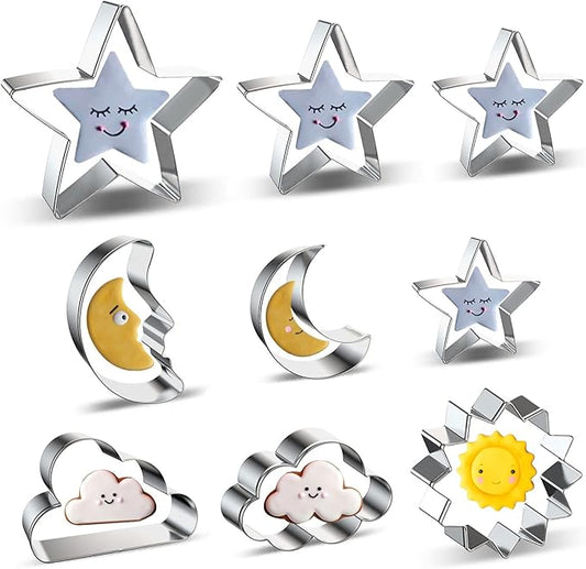 Star, Moon, Cloud and Sun Cookie Cutters 9 Piece Set - Twinkle Twinkle Little Star Celestial Night Sky Cookie Cutter Biscuit Mold for Kids Baby Shower Birthday Party Decoration - 4 Inch 3 Inch 2 Inch