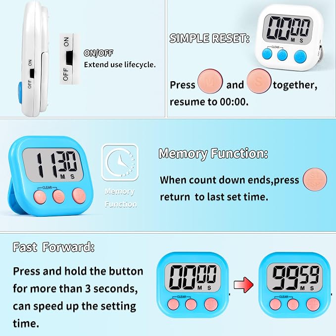 Timer for Kids Teachers Supplies Digital Kitchen Timers for Cooking Large Magnetic Classroom Timer 2Pack-White Blue