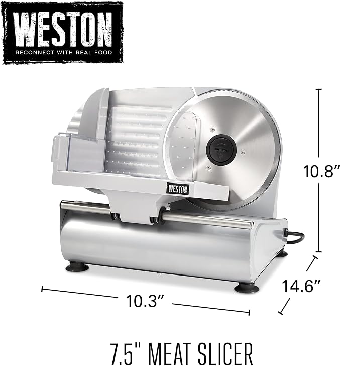 Weston Electric Meat Cutting Machine, Deli & Food Slicer, Adjustable Slice Thickness, Non-Slip Suction Feet, Removable 7.5" Stainless Steel Blade, Easy to Clean (61-0750-W)