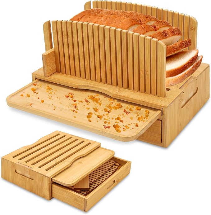 Bamboo Bread Slicer for Homemade Bread, Wilupry Bread Cutter Guide with Crumb Tray Adjustable Foldable for Sourdough Rounds Loaf Sandwich