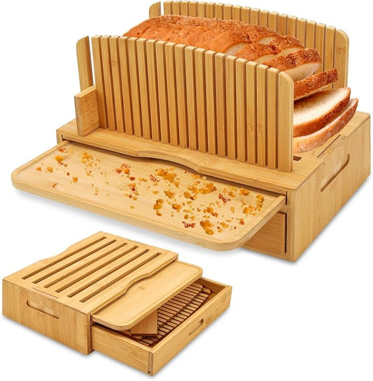 Bamboo Bread Slicer for Homemade Bread, Wilupry Bread Cutter Guide with Crumb Tray Adjustable Foldable for Sourdough Rounds Loaf Sandwich