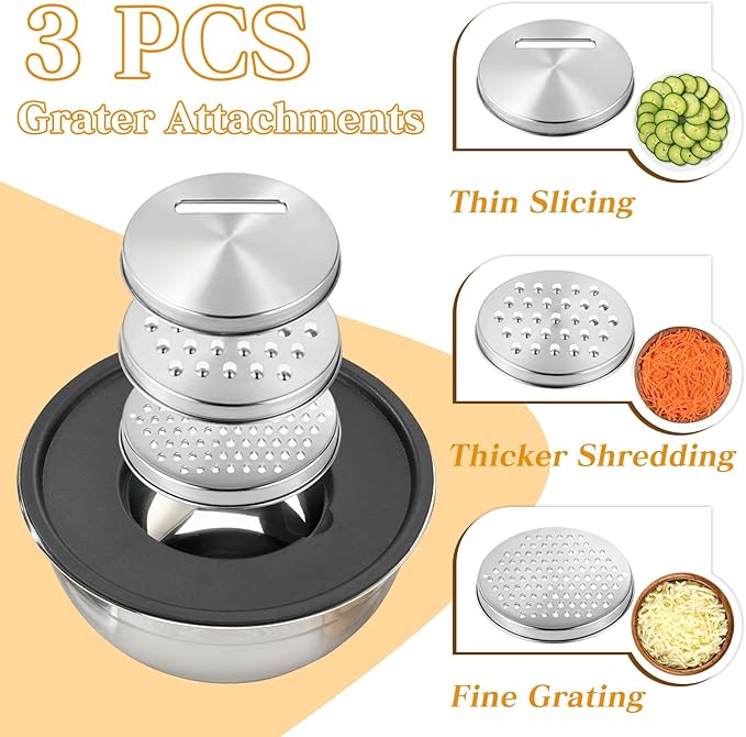 Unokit Mixing Blows with Lids Set - 7-Piece | Non-Slip Stainless Steel Nesting Mixing Bowls with Grater Attachments, Mixing Bowl Set for Multi Mixing & Serving