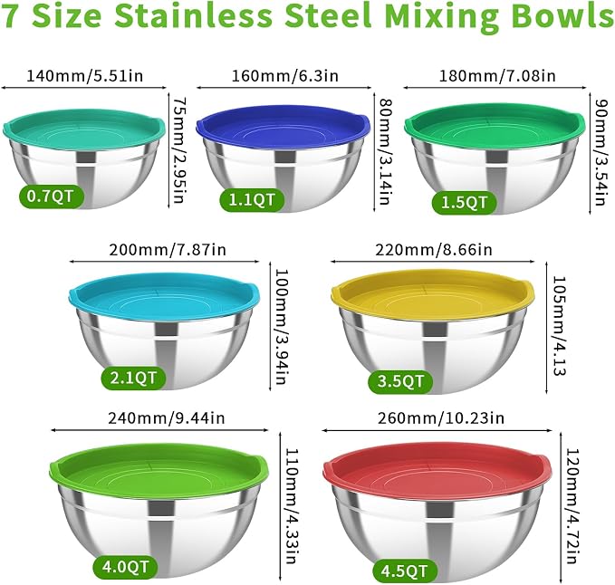 7 Pcs Stainless Steel Mixing Bowls with Colorful Lids Set | Metal Mixing Salad Bowls Nesting Design for Kitchen Mixing/preping/Saving, Size: 0.7, 1.1, 1.5, 2.1, 3.5, 4, 4.5Qt