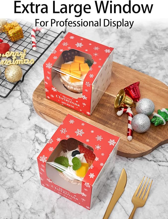 Happyhiram Christmas Cupcake Boxes 50 Pcs, Individual Cupcake Box Red and White with Christmas Trees insert and Window for Holiday Muffin Containers Single for Ornament Cocoa Bombs Packaging
