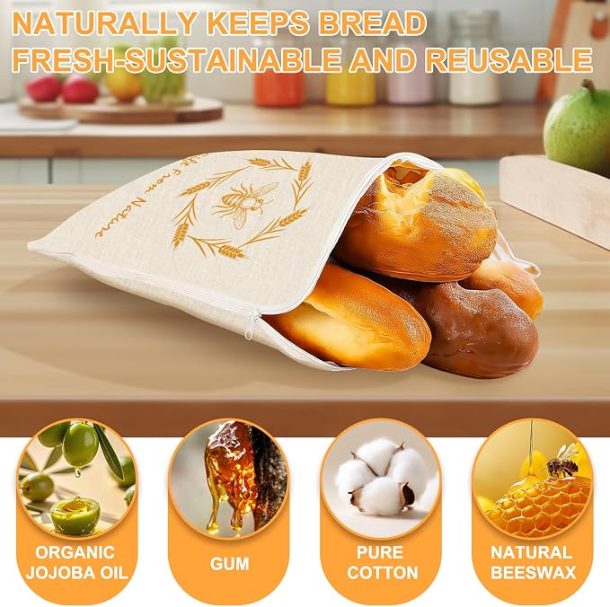 2 PCS Beeswax Bread Bag with Wide Zipper, Breathable Bags Bread | Breathable Bees Wax Bread Bag with Wide Zipper, Freezer Safe Beeswax Bags for Bread, Homemade Bread Storage