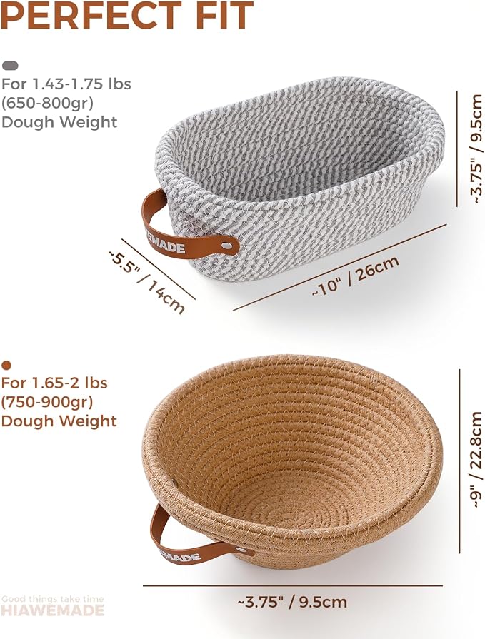 Banneton Bread Proofing Basket, Natural Cotton Rope Bread Baskets with Reusable Liners & Dust Covers, Artisan Sourdough Bread Baking Supplies, 9'' Round & 10" Oval