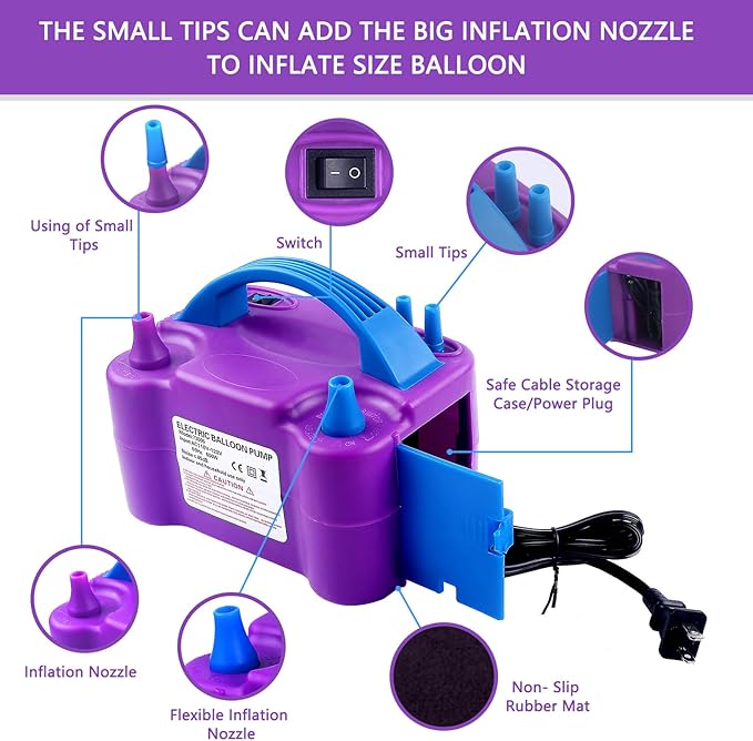 Balloon Pump Electric,110V 600W Balloon Blower Inflator Dual Nozzle Air Pump Balloons Inflator for Decoration, Party, Sport,Gifts:2 Balloon Tying Tools