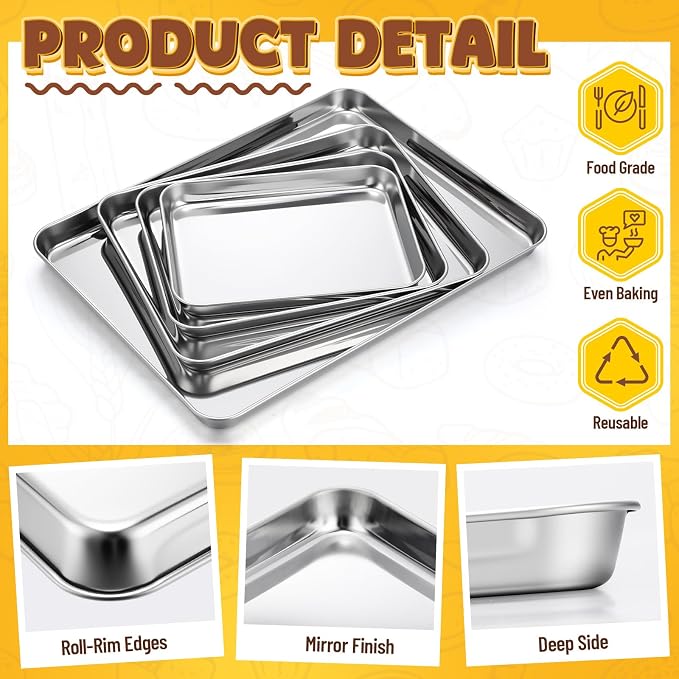 4 Pack Stainless Steel Sheet Baking Pans, 9/10/12/16 Inch Commercial Grade Cookie Sheets for Baking, Heavy Duty Stainless Steel Cookware Set, Non-stick, Non-toxic
