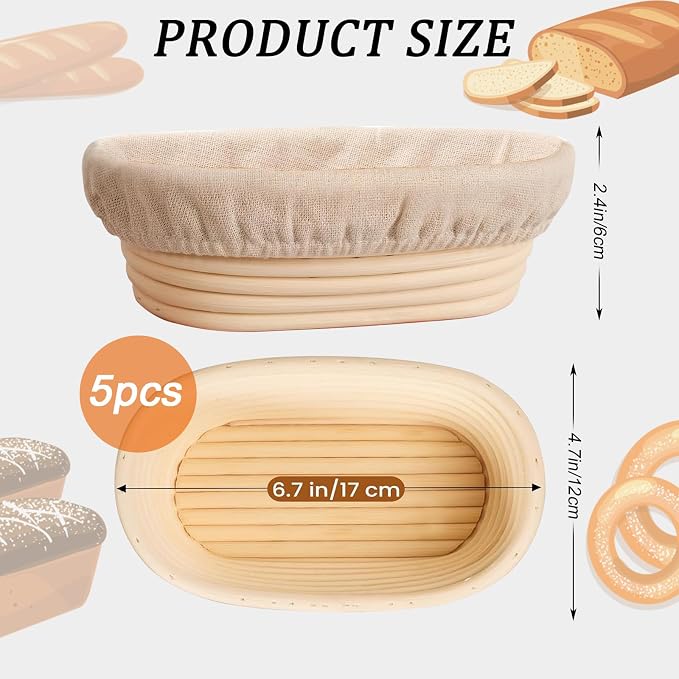 5 Pack Oval Banneton Proofing Basket Set 6 Inch, Natural Rattan Sourdough Bread Baskets with Linen Liners, Mini Dough Baking Bowls for Artisan & Home Bakers (6" Oval, Set of 5)