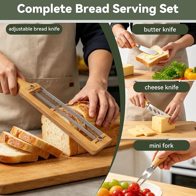 Adjustable Bread Knife with 3 Cheese Knives & Butter Knives, Adjustable Bread Slicer for Homemade & Sourdough Bread, Sandwich Bread Slicer with Thickness Guide, Serrated Bread Bow Knife