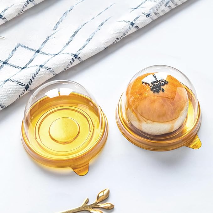 Clear Plastic Mini Cake Container, Round Cupcake Mooncake Dessert Boxes Muffin Pod Dome Muffin Single Container Box with a Transparent Lid for Wedding Birthday Party (Gold, 20pc)