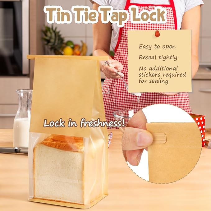 HONKID Bread and Cookie Bags with Seal, 200 Pack 11 x 5.1 x 3.9 Inches Bakery Bags with Window Reusable Tin Tie Tab Lock for Sealed Baked Goods Packaging for Pastry Bagels Breads Treats Cookies Brown