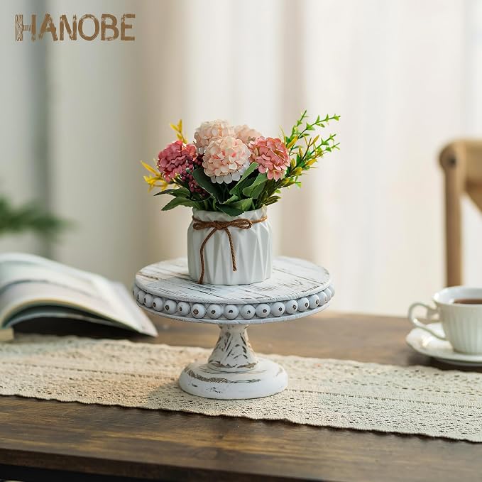 Hanobe Small Wood Cake Stand: White Cupcake Pedestal Stand 8 inch Dessert Display Riser Rustic Round Cakes Holder Tray Vintage Beads Wooden Plate for Wedding Birthday Decor